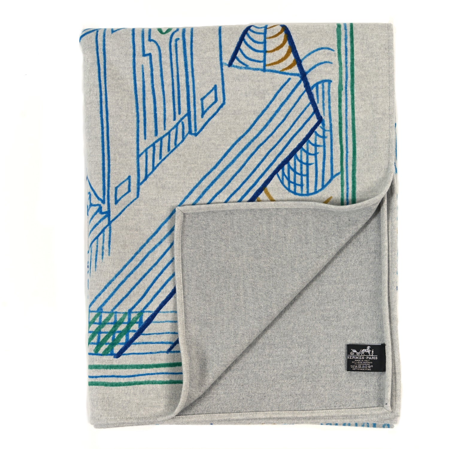 Hermes Wool Cashmere Etages Du Faubourg Blanket Cyan 3 of 4