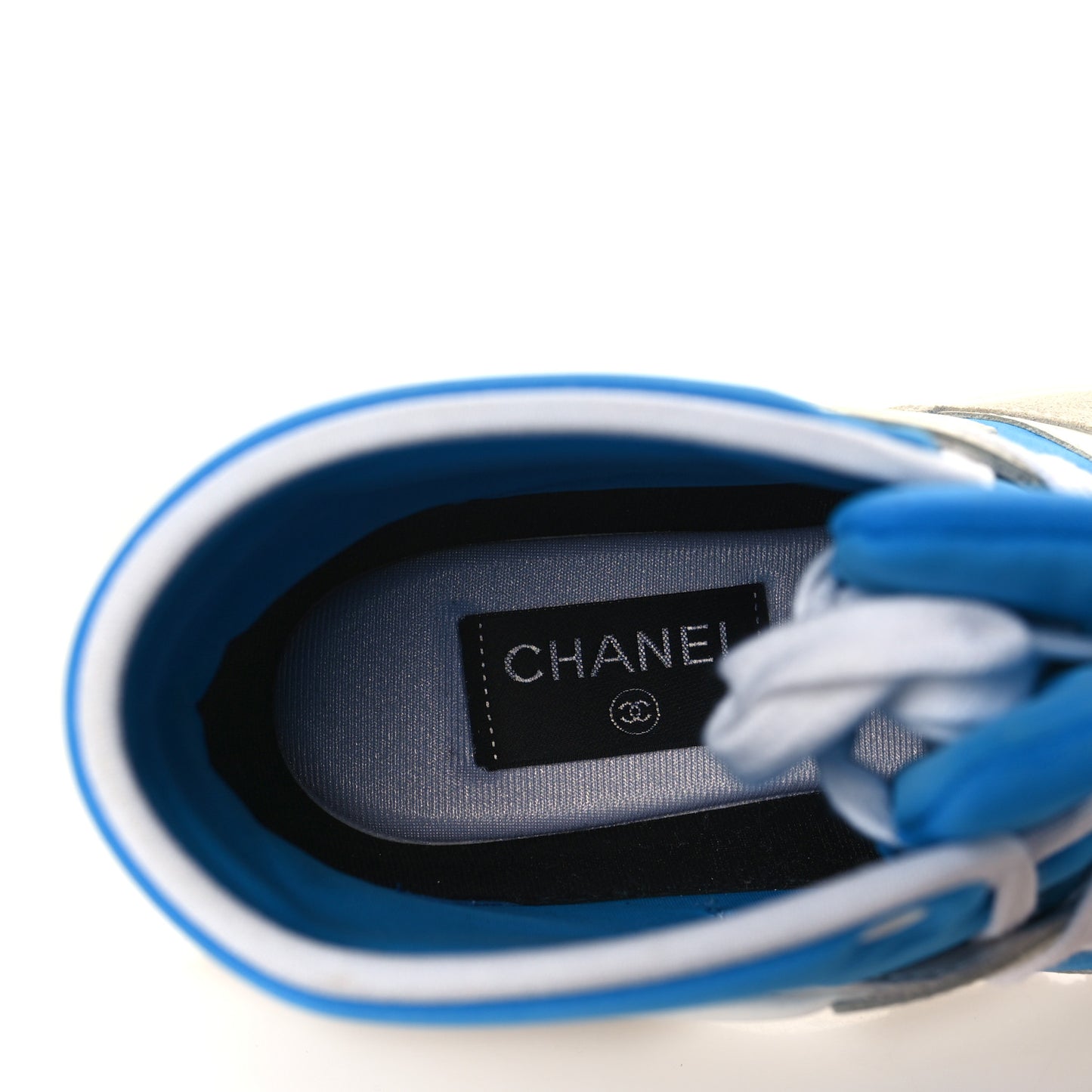 Suede Calfskin Lambskin High Top CC Sneakers 38 White Blue