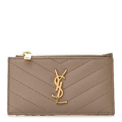 Saint Laurent Monogram Grain de Poudre 5 Fragments Zip Pouch Card Holder Dark Beige 1 of 7