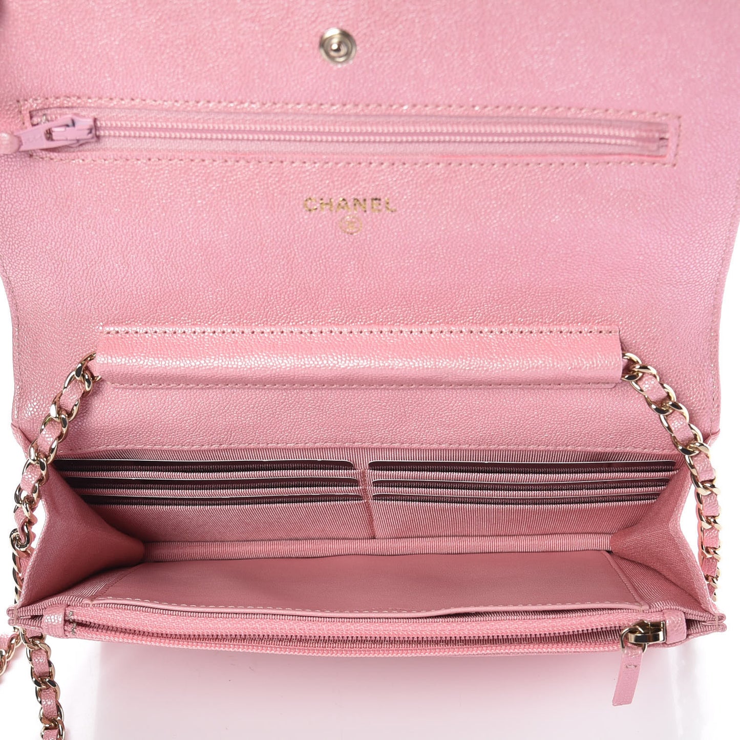 Iridescent Caviar Quilted Wallet on Chain WOC Rose Pink