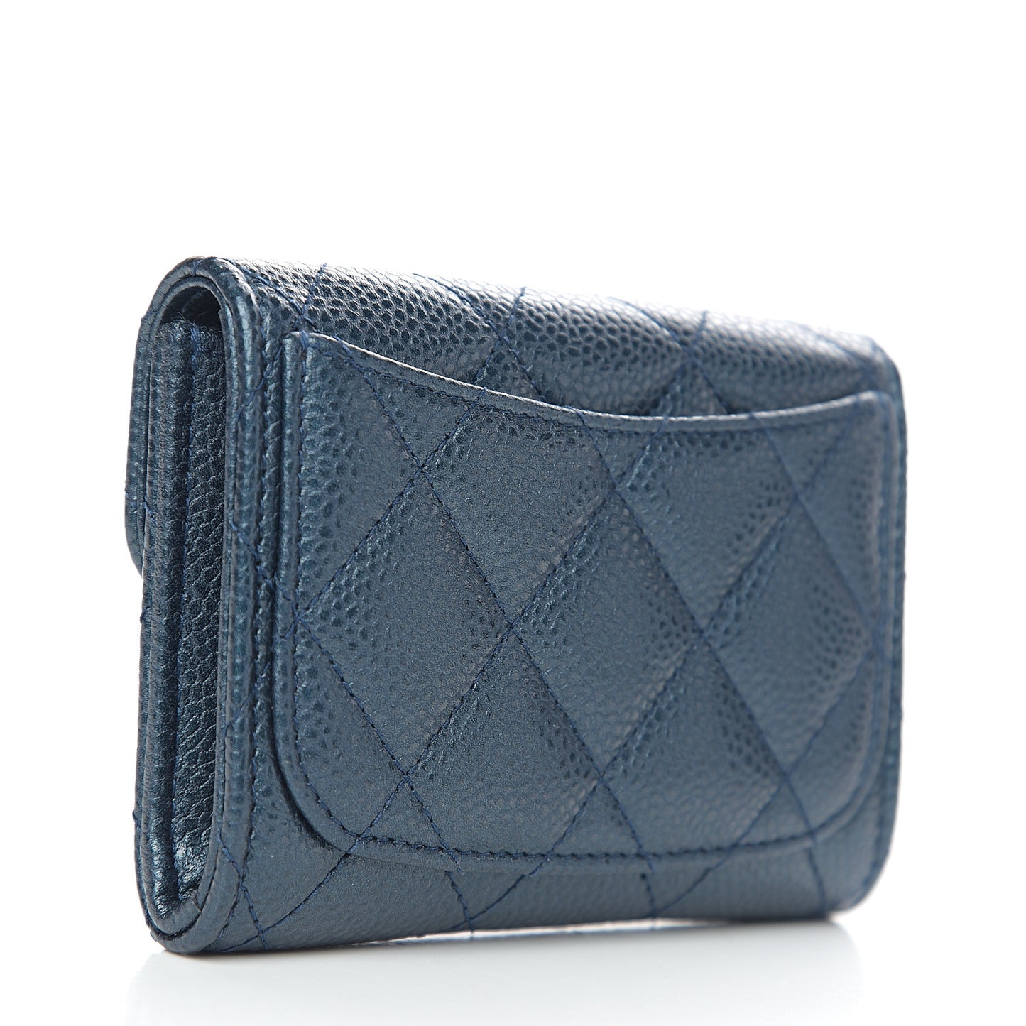 Metallic Caviar Quilted Flap Card Holder Wallet Dark Blue