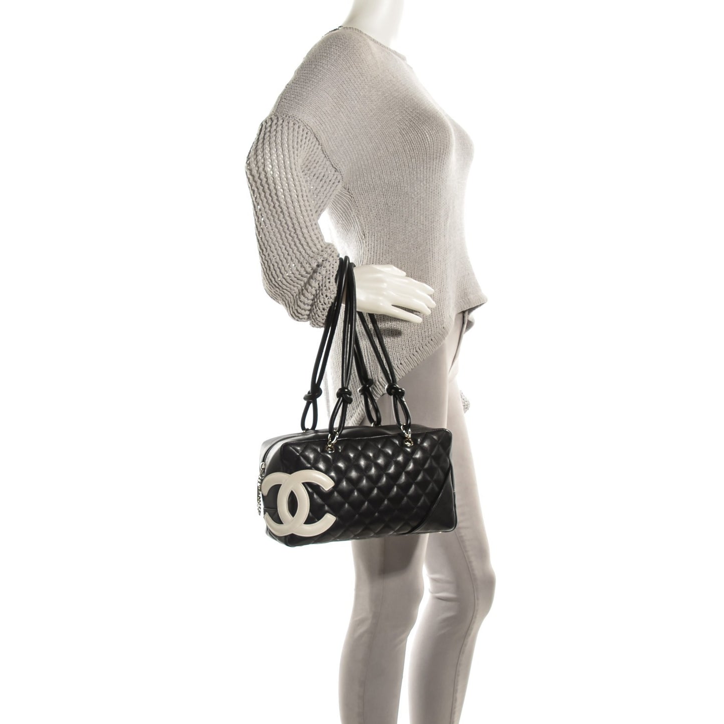 Calfskin Quilted Large Cambon Bowler Black White