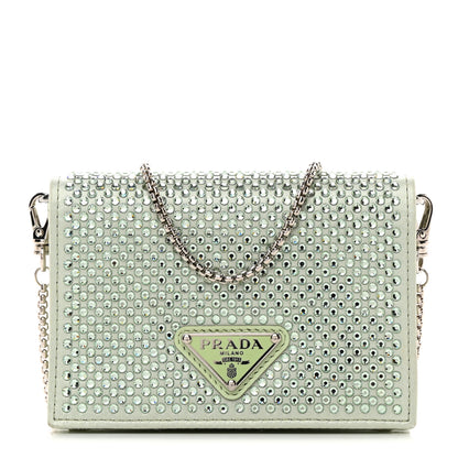 Prada Satin Crystal Metal Triangle Logo Card Holder With Strap Acqua 1 of 19