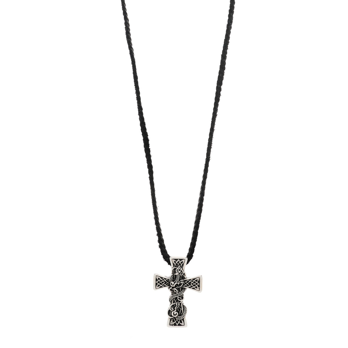 Sterling Silver Leather Celtic Cross Pendant Necklace