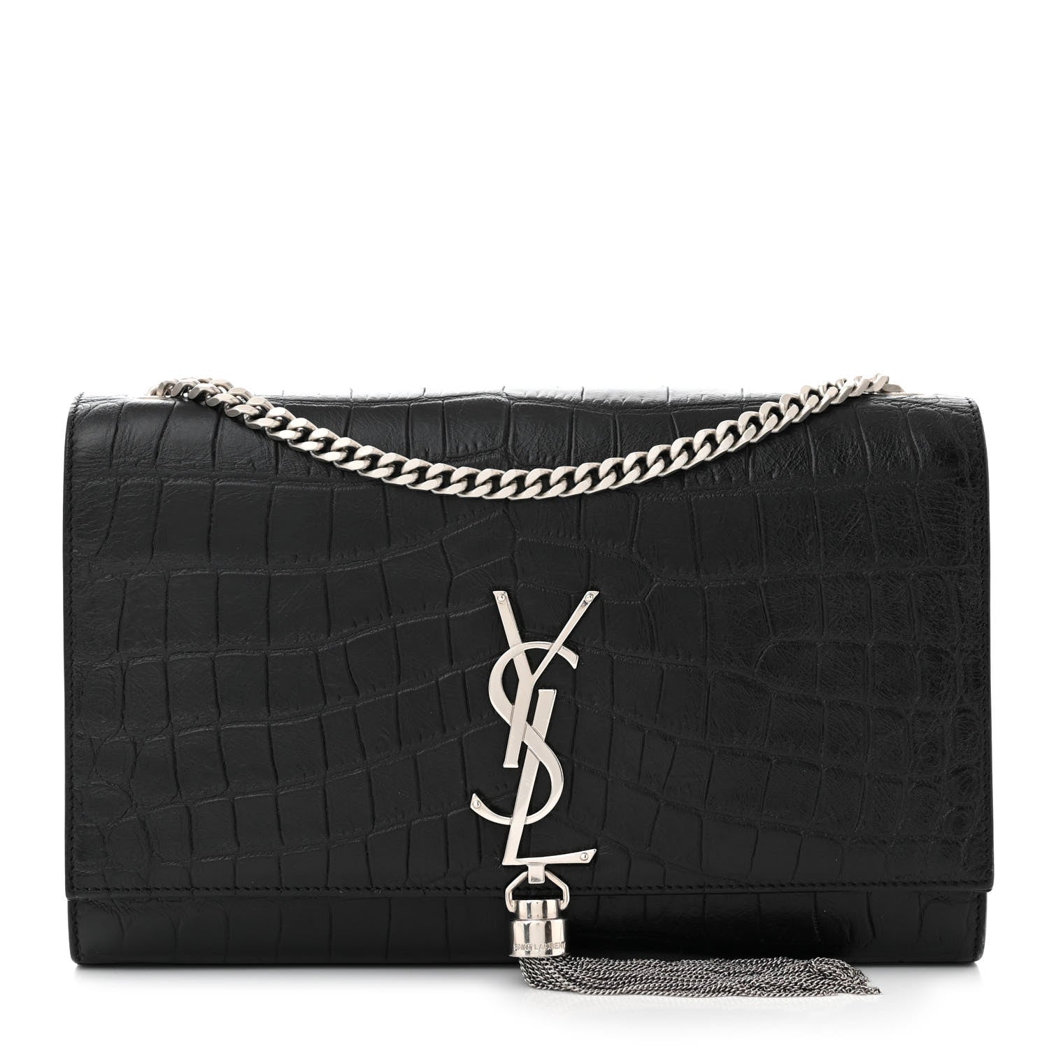 Saint Laurent Calfskin Crocodile Embossed Medium Classic Monogram Kate Tassel Satchel Black 1 of 11