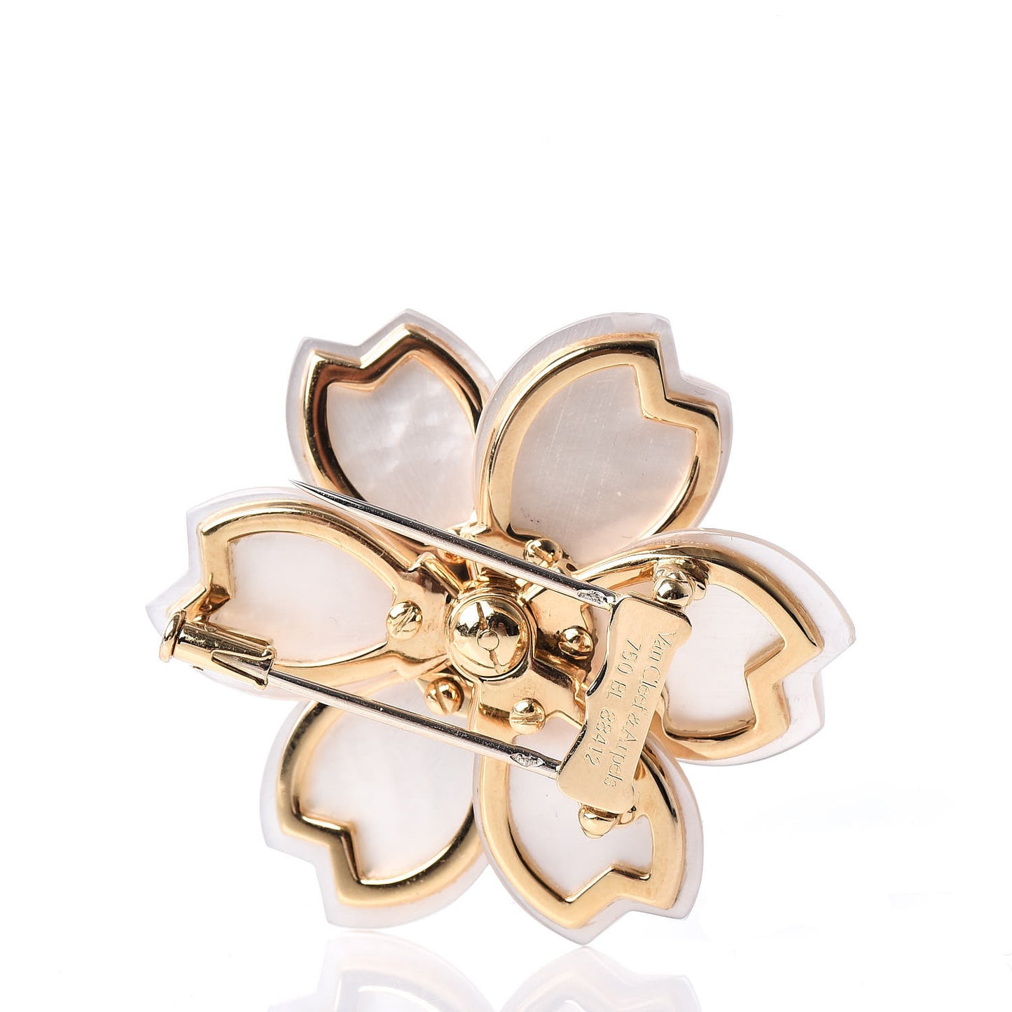 18K Yellow Gold Diamond Mother of Pearl Medium Rose De Noel Flower Brooch Pin