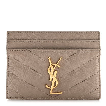 Saint Laurent Grain De Poudre Matelasse Chevron Monogram Credit Card Case Dark Beige 1 of 9