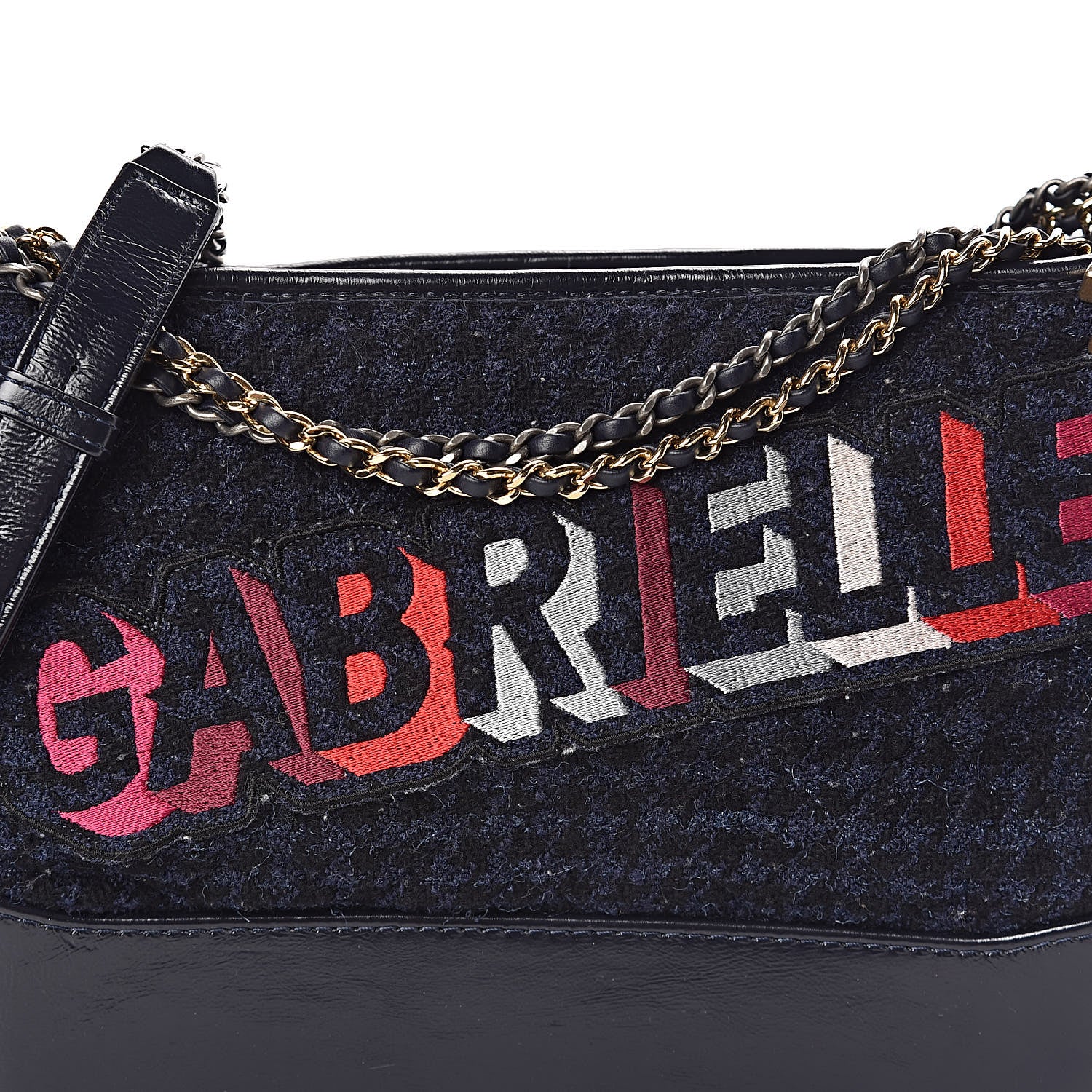 Chanel Tweed Calfskin Quilted Medium Gabrielle Hobo Black Blue 10 of 11