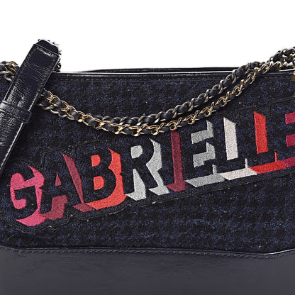 Chanel Tweed Calfskin Quilted Medium Gabrielle Hobo Black Blue 10 of 11
