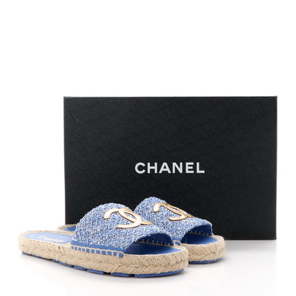 Chanel Tweed Laminated Lambskin CC Slide Sandals 38 Blue Gold 9 of 9