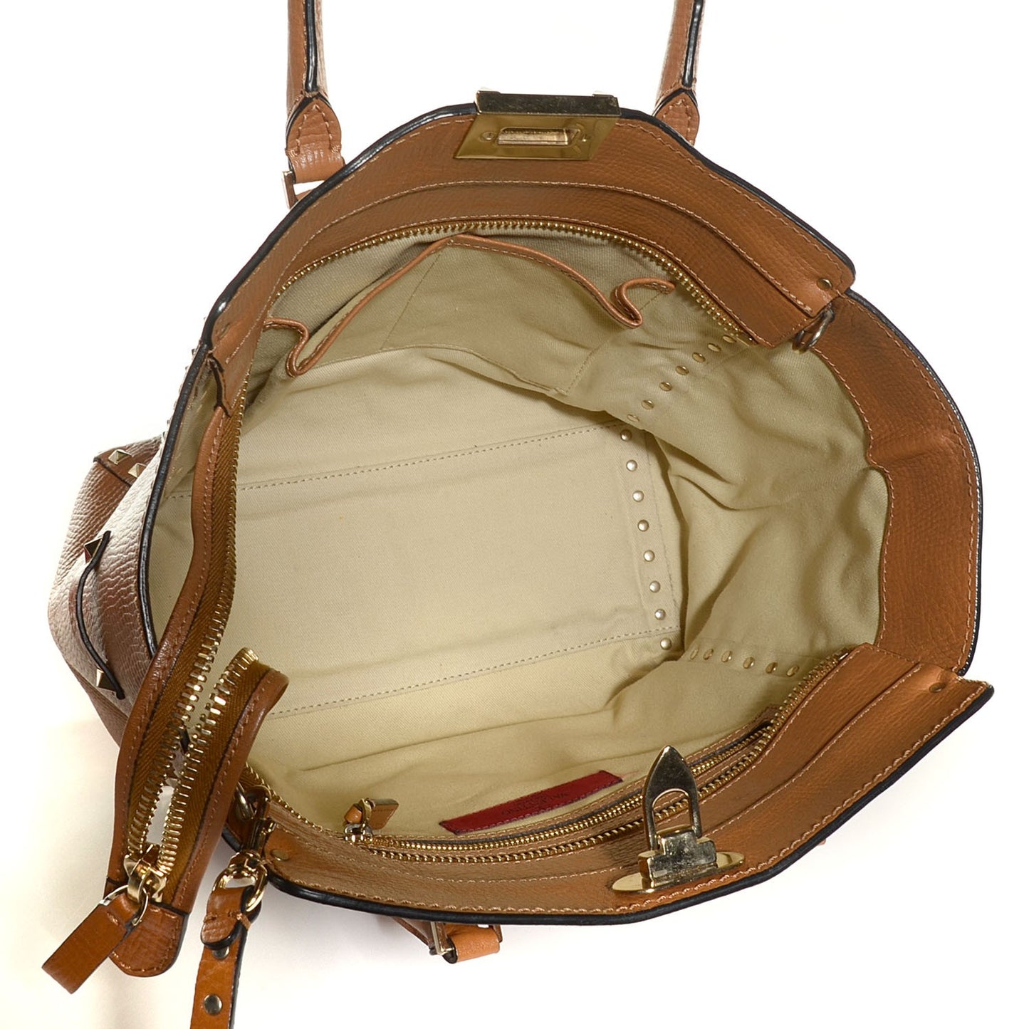 Textured Calfskin Rockstud Double Handle Tote Tan