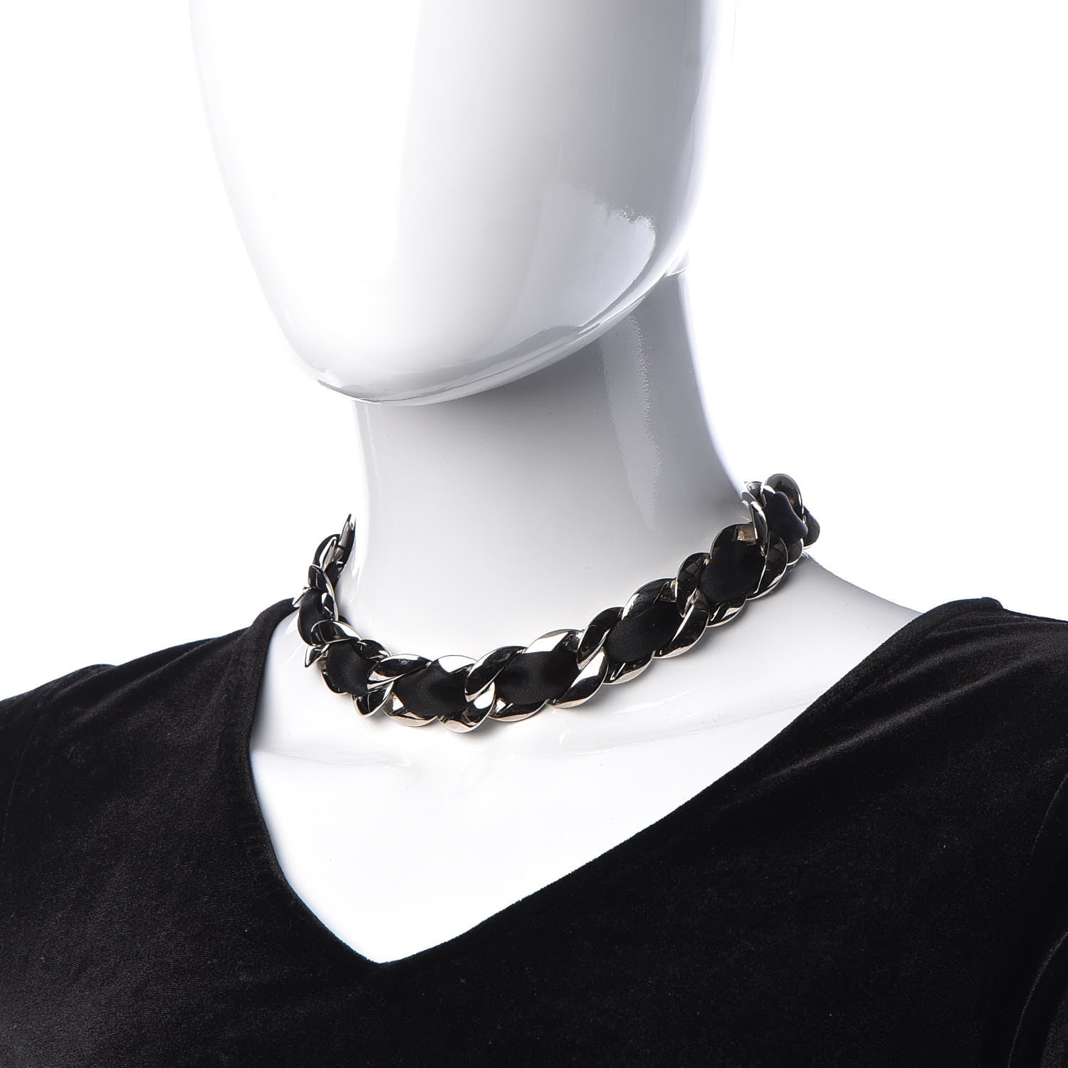 Chanel Ribbon Chain Necklace Black Silver 2 of 4
