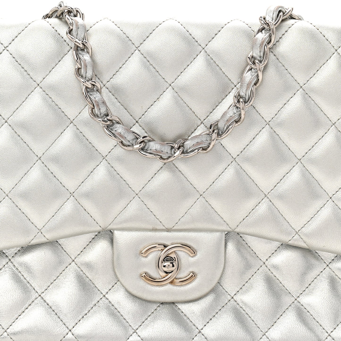 Metallic Lambskin Quilted Jumbo Single Flap Silver
