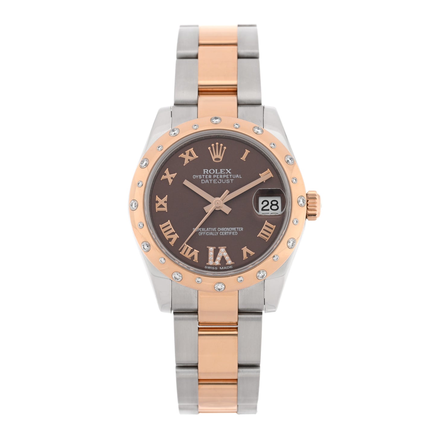 Stainless Steel 18K Everose Gold Diamond 31mm Oyster Perpetual Datejust Watch Chocolate Roman 178341