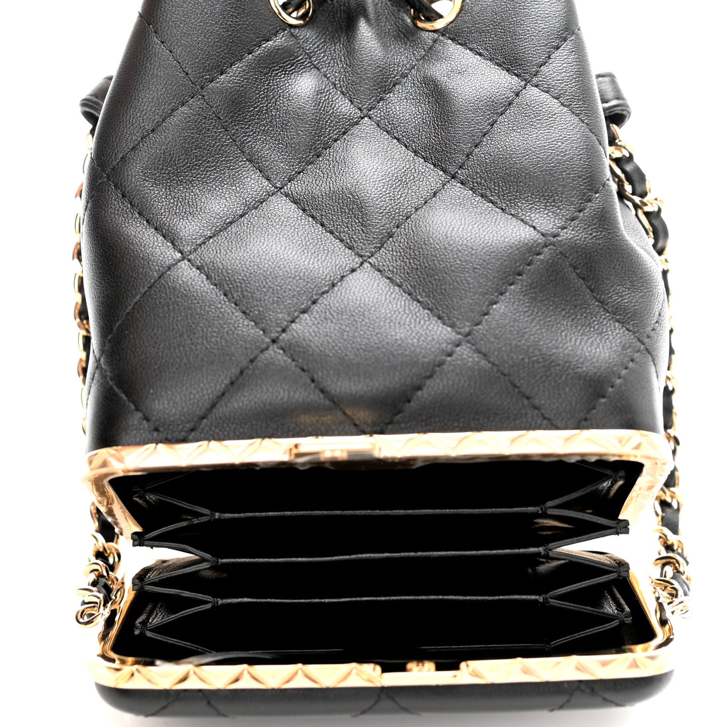Metal Lambskin Quilted Small Chain Bucket Bag Black