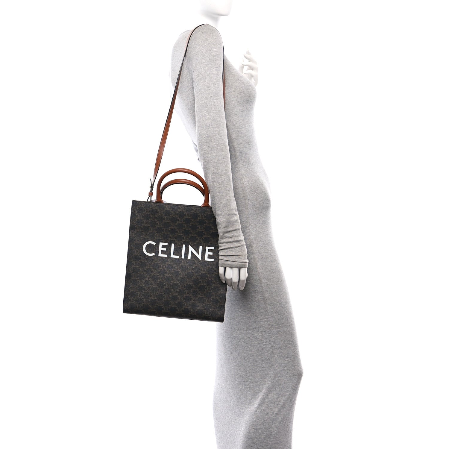 Celine Triomphe Canvas Calfskin Small Vertical Cabas Tan 2 of 10