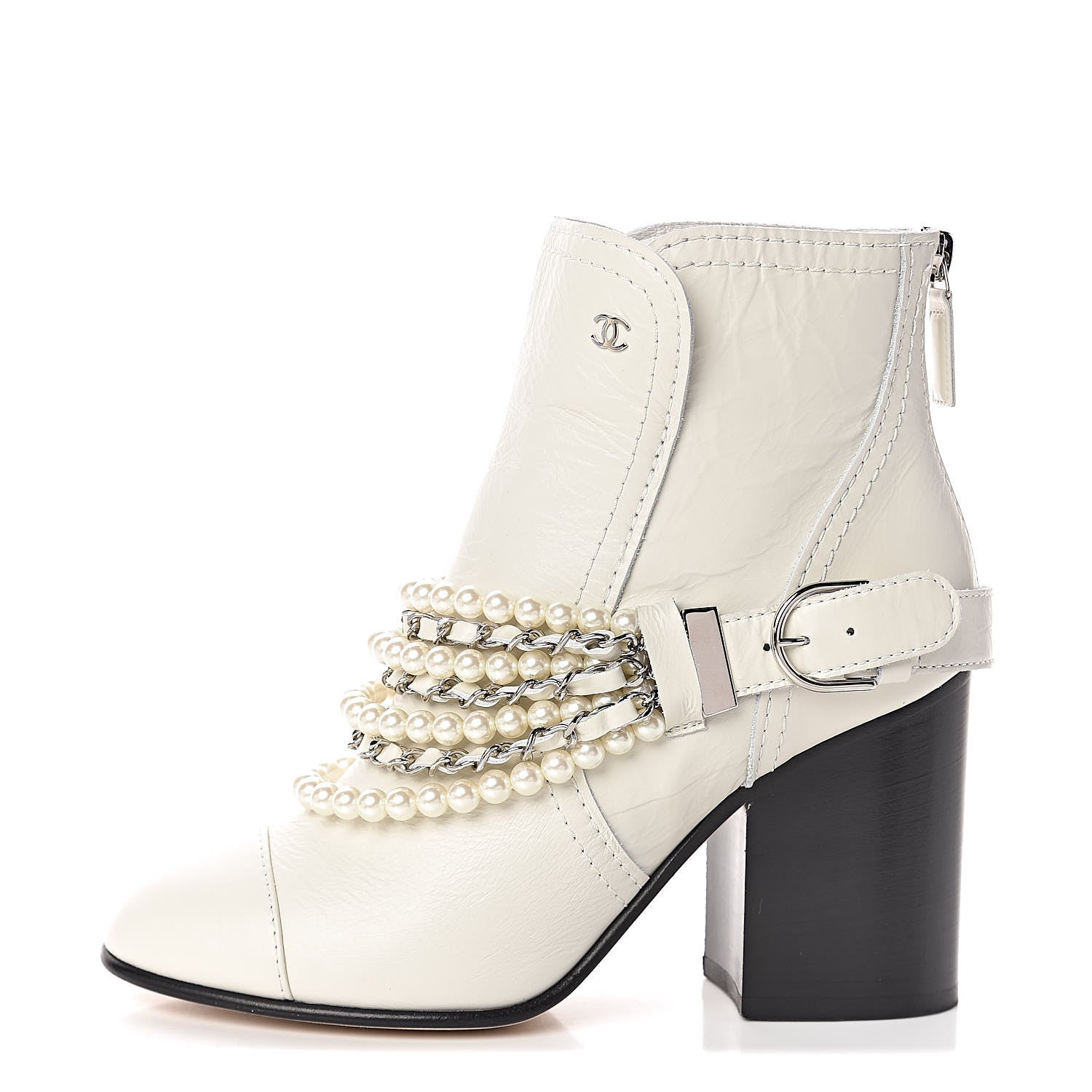 Chanel Crackled Calfskin Pearl Chain CC Short Boots 36.5 White 1 of 8