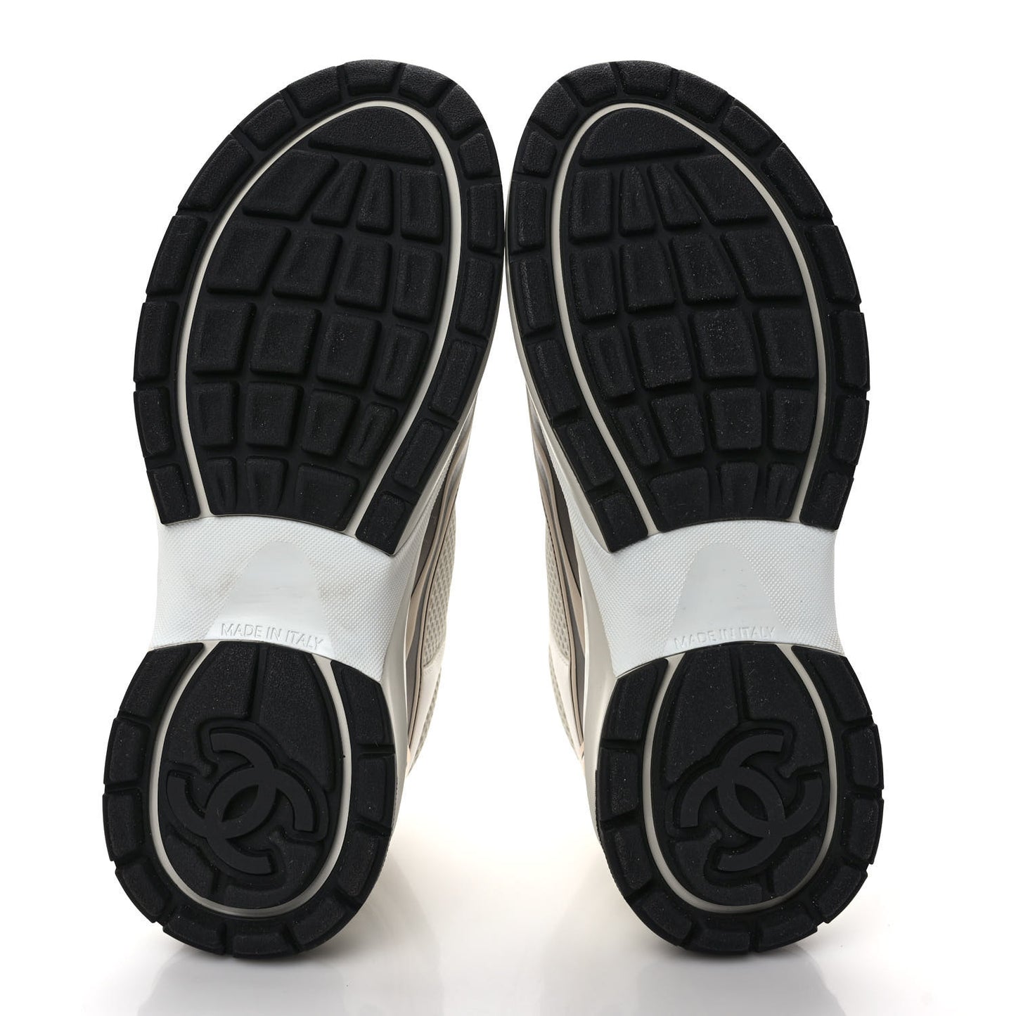 Fabric Laminated Calfskin Stretch CC Womens Sneakers 37 White Gold Silver