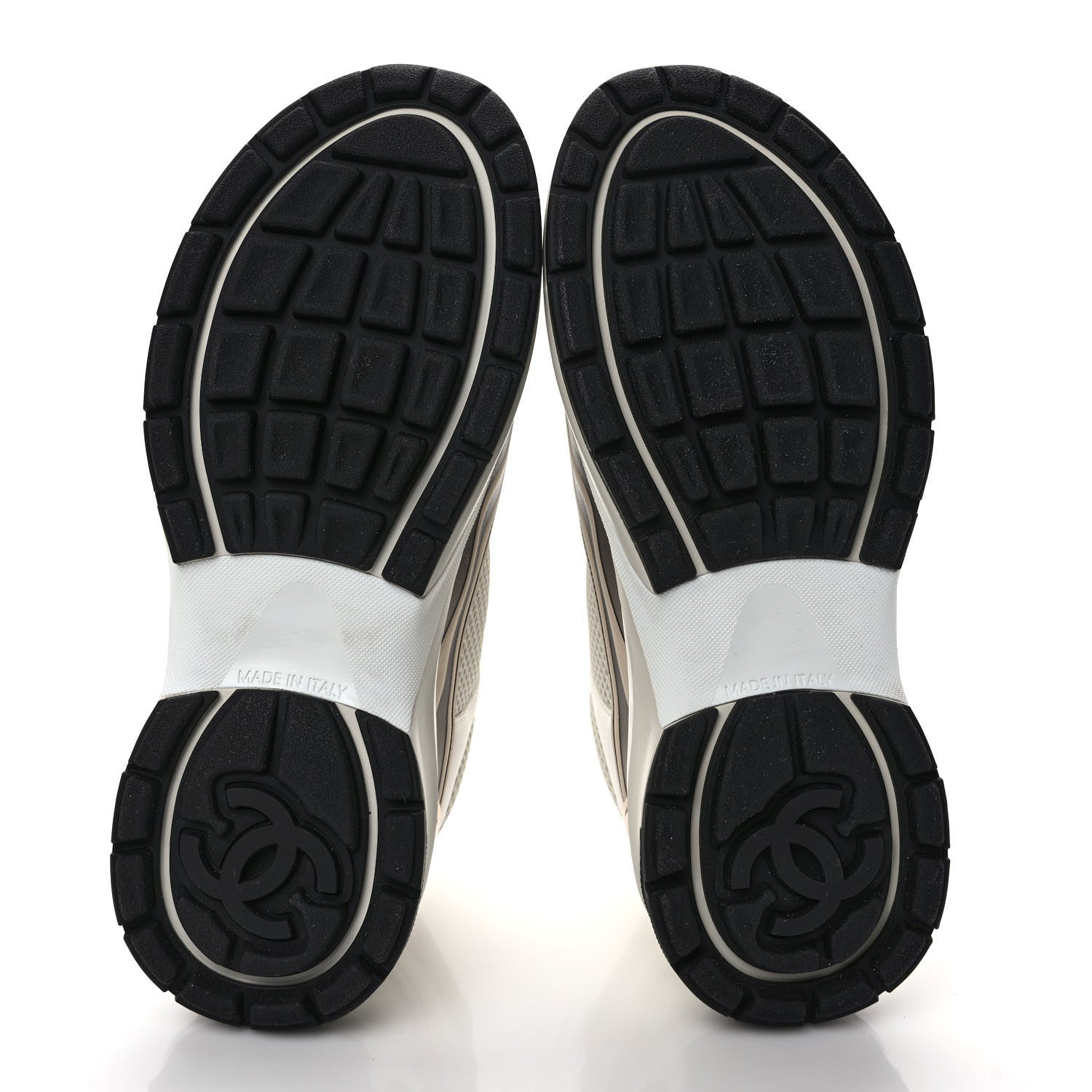 Chanel Fabric Laminated Calfskin Stretch CC Womens Sneakers 37 White Gold Silver 5 of 9