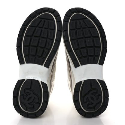 Chanel Fabric Laminated Calfskin Stretch CC Womens Sneakers 37 White Gold Silver 5 of 9