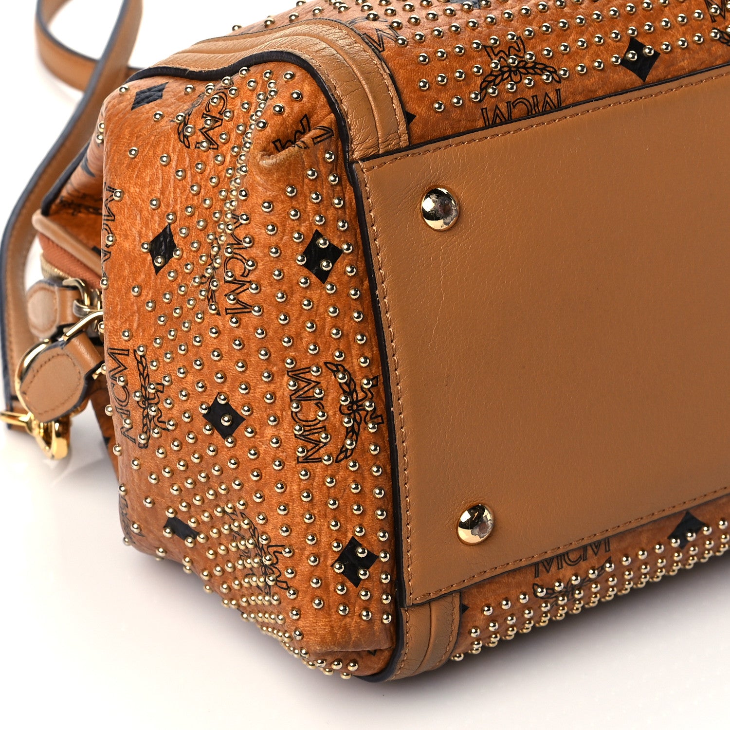 MCM Visetos Studded Boston Satchel Cognac 9 of 10