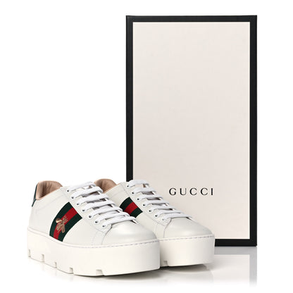 Gucci Calfskin Web Bee Embroidered Womens Ace Platform Sneakers 37.5 White 9 of 9
