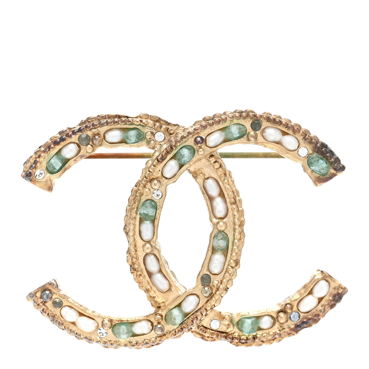 Crystal Pearl CC Brooch Light Gold Blue