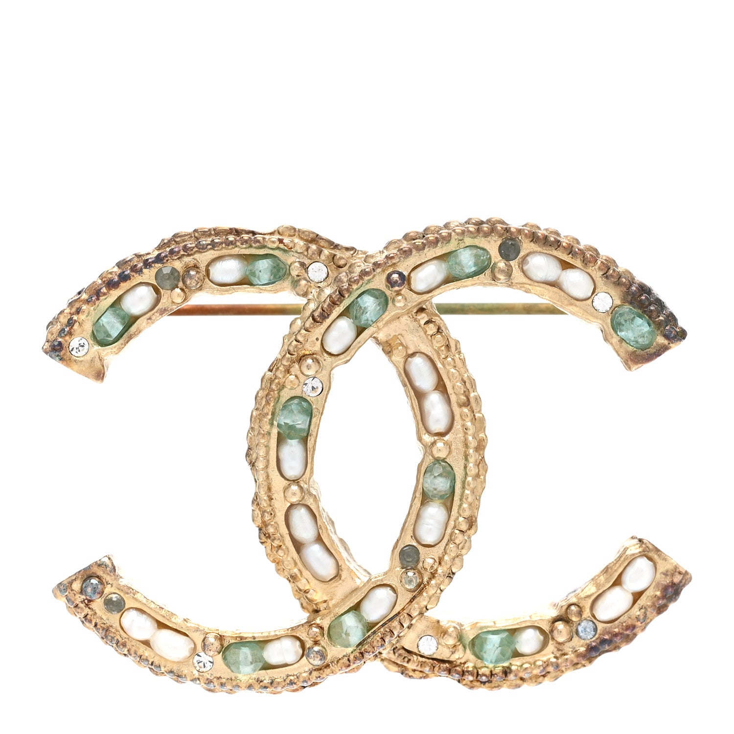 Chanel Crystal Pearl CC Brooch Light Gold Blue 1 of 5