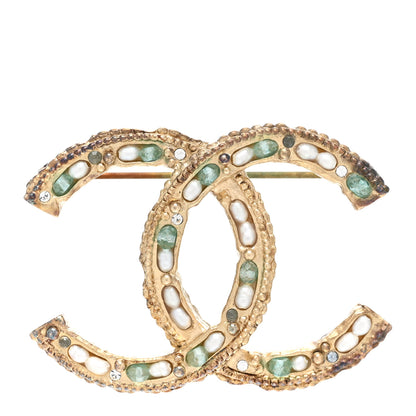 Chanel Crystal Pearl CC Brooch Light Gold Blue 1 of 5