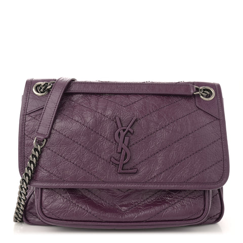 Crinkled Calfskin Matelasse Monogram Medium Niki Chain Satchel Plum