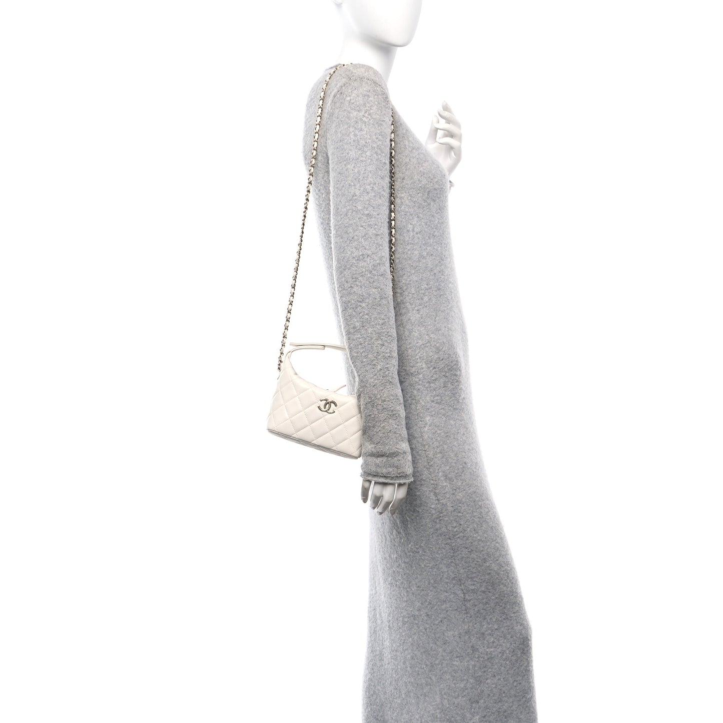 Caviar Quilted Hobo Clutch With Chain White