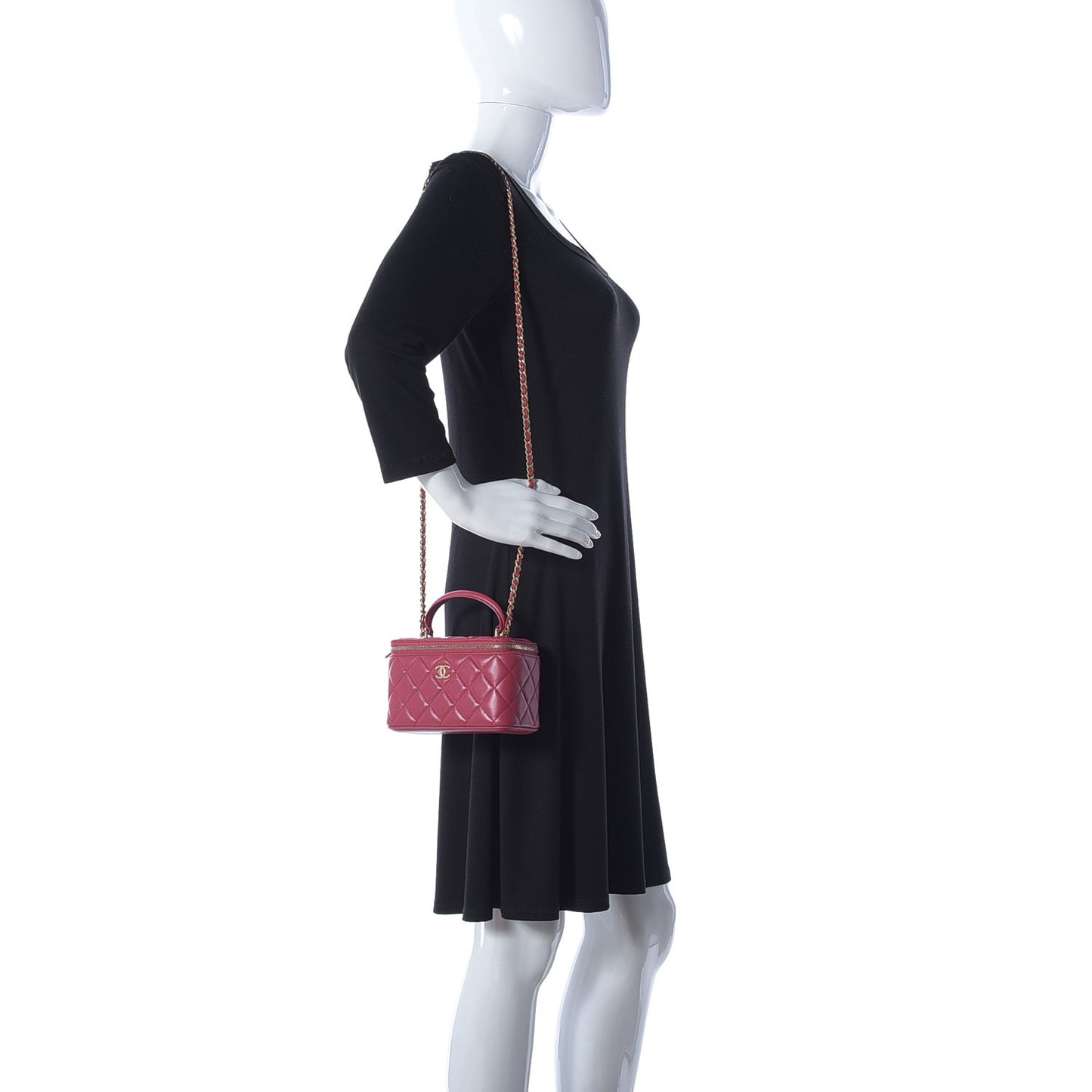 Lambskin Quilted Small Top Handle Vanity Case With Chain Dark Pink