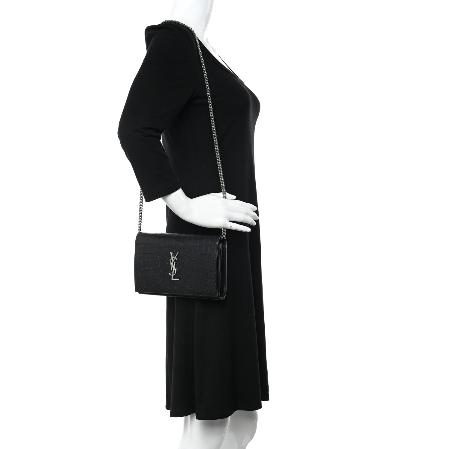 Saint Laurent Calfskin Crocodile Embossed Monogram Chain Wallet Black 2 of 10