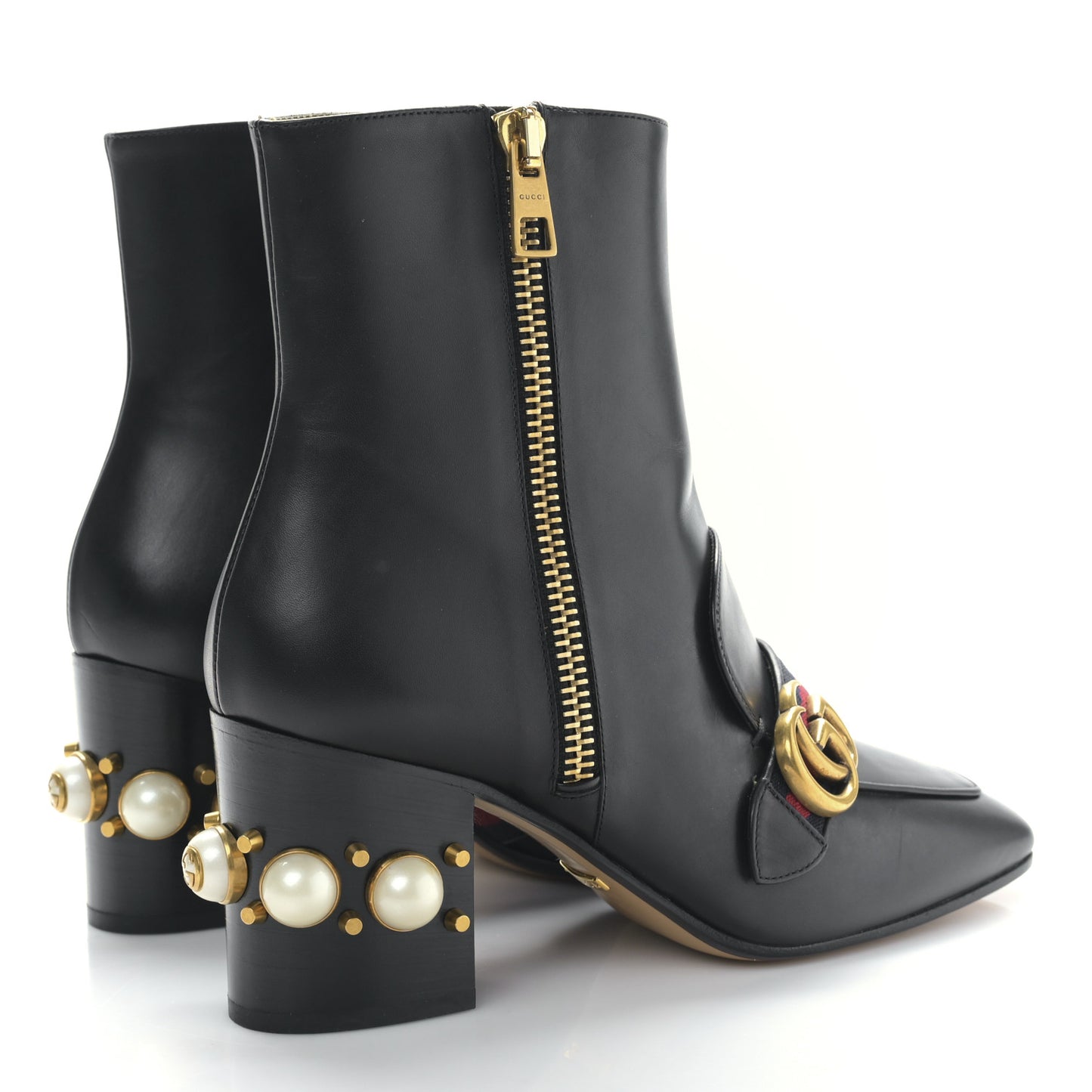 Betis Glamour Calfskin Web Pearl Embellished Peyton 75mm Ankle Boots 39 Black