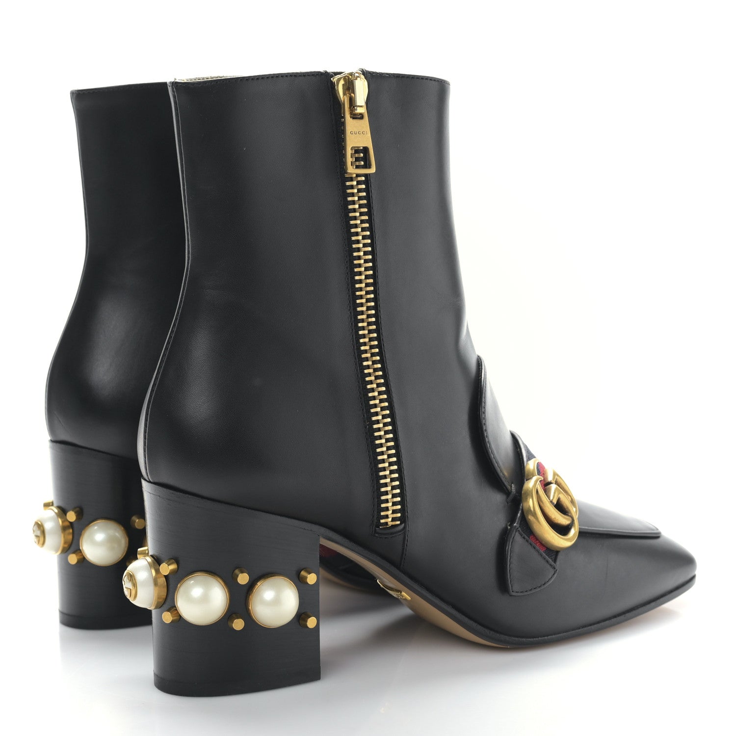 Gucci Betis Glamour Calfskin Web Pearl Embellished Peyton 75mm Ankle Boots 39 Black 4 of 8