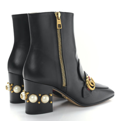 Gucci Betis Glamour Calfskin Web Pearl Embellished Peyton 75mm Ankle Boots 39 Black 4 of 8