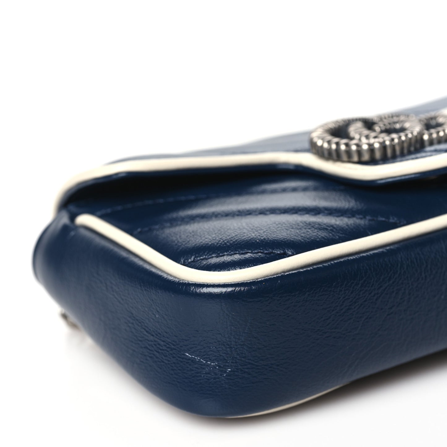 Vintage Effect Calfskin Matelasse Diagonal Super Mini Torchon GG Marmont Shoulder Bag Blue Agata Mystic White