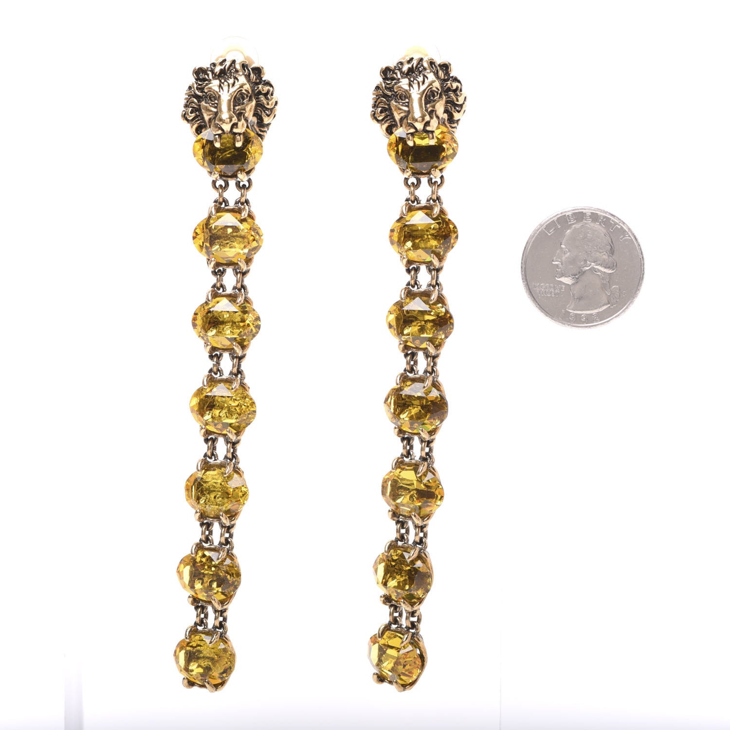 Gucci Crystal Metal Lionhead Drop Earrings Yellow Aged Gold 2 of 4