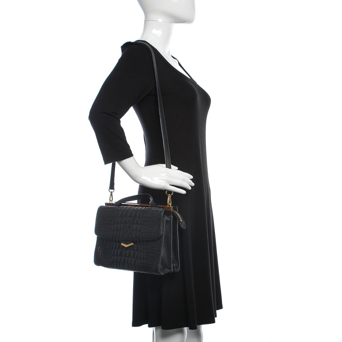 Nappa Calfskin Crocodile Trapuntata Demi Jour Shoulder Bag Black