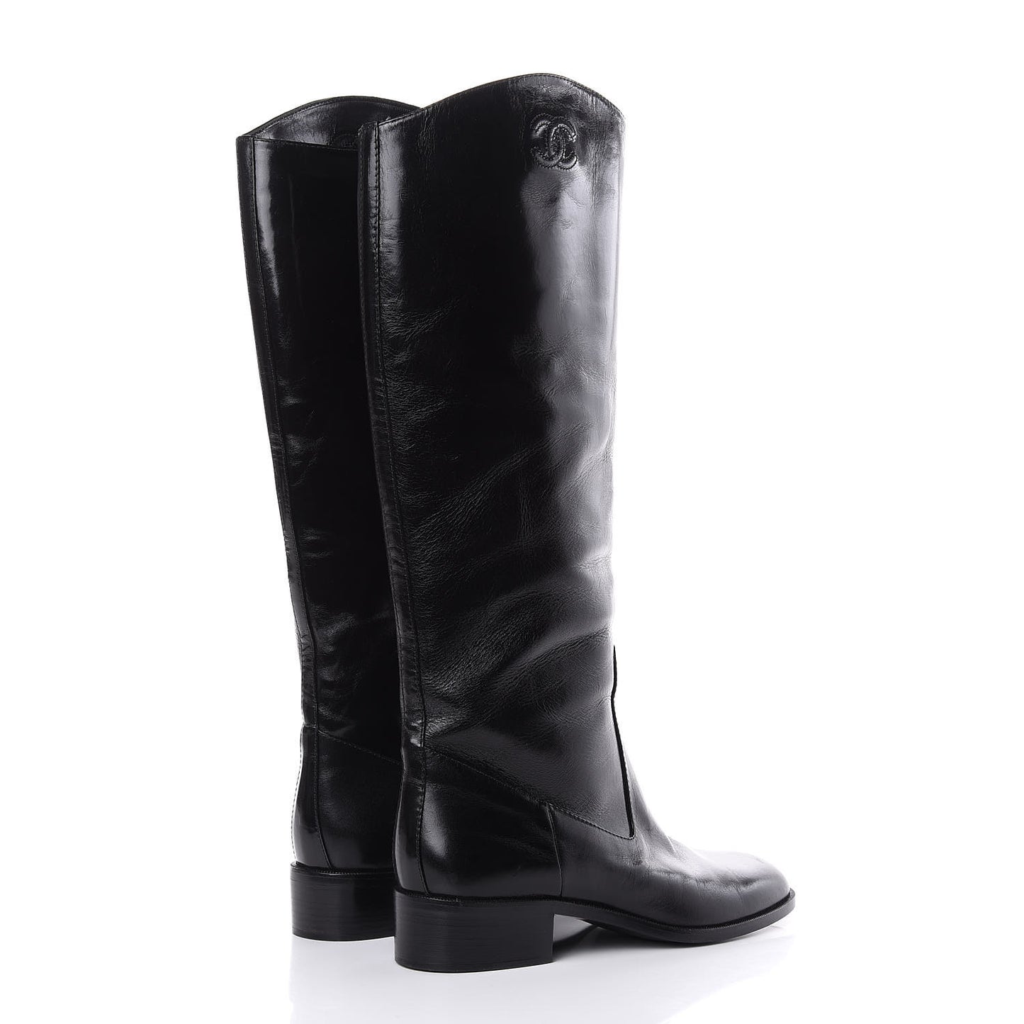 Glazed Calfskin CC High Boots 38.5 Black