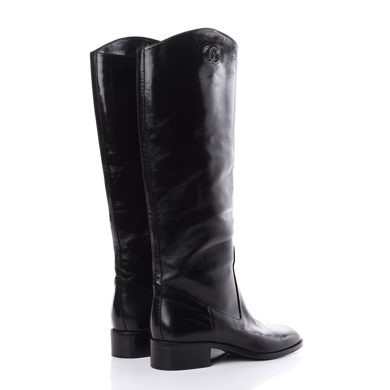 Chanel Glazed Calfskin CC High Boots 38.5 Black 4 of 7