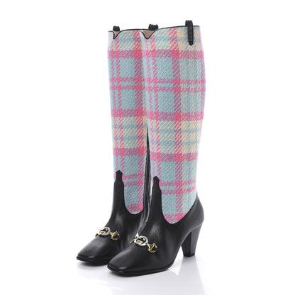 Gucci Tweed Wrinkled Kid Plaid Zumi Knee Boots 37 Black Pink Blue 3 of 8