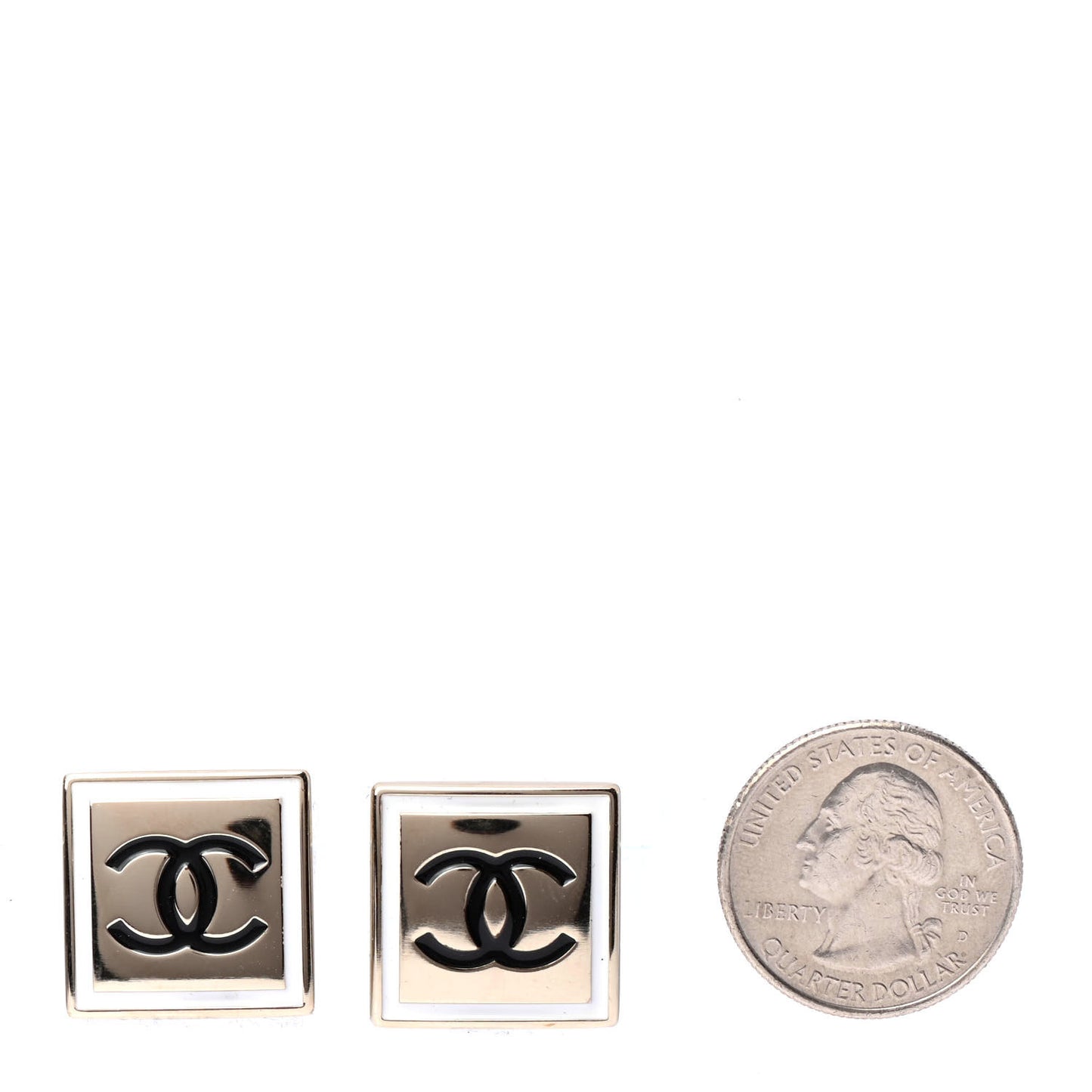 Metal Enamel CC Square Earrings Gold Black White