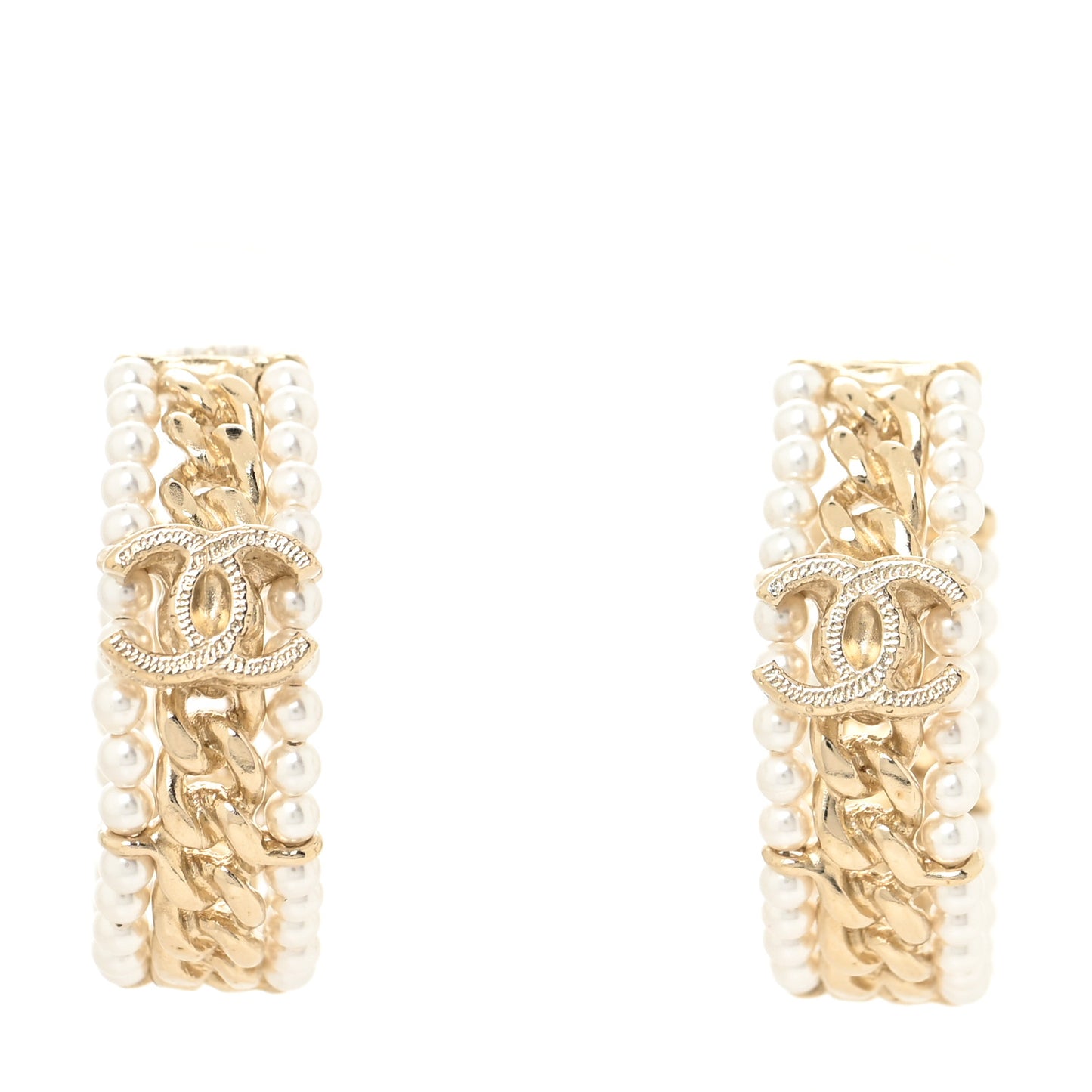 Pearl CC Chain Hoop Earrings Gold