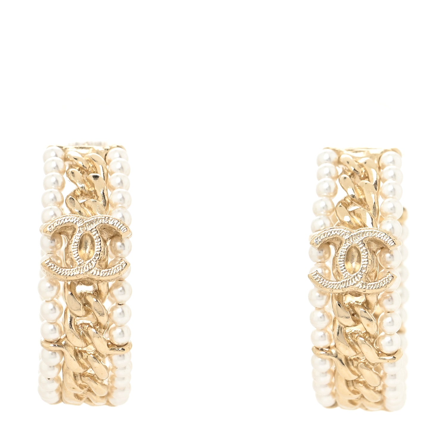 Chanel Pearl CC Chain Hoop Earrings Gold 1 of 3