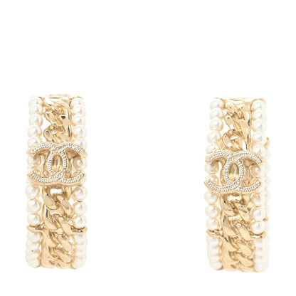 Chanel Pearl CC Chain Hoop Earrings Gold 1 of 3