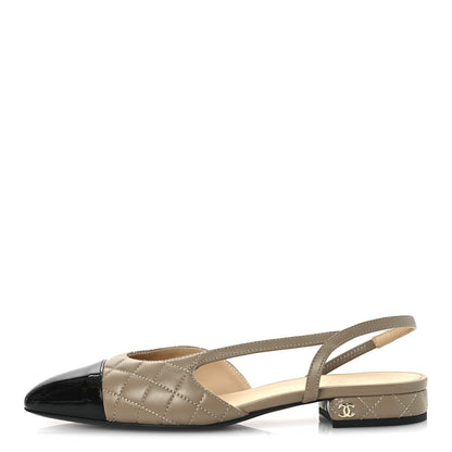 Chanel Lambskin Patent Cap Toe CC Slingback Flats 38 Beige Black 1 of 11