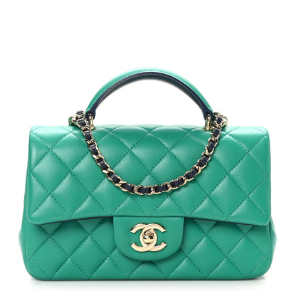 Chanel Lambskin Quilted Bi-Color Mini Top Handle Rectangular Flap Green Dark Blue 1 of 10