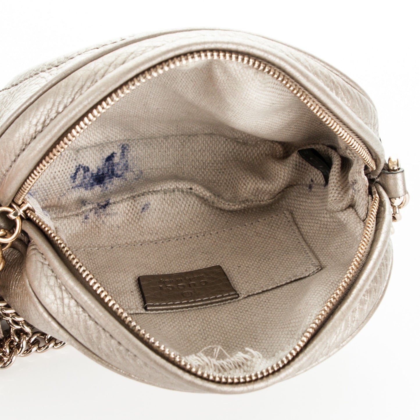 Metallic Pebbled Calfskin Mini Soho Chain Bag Golden Beige