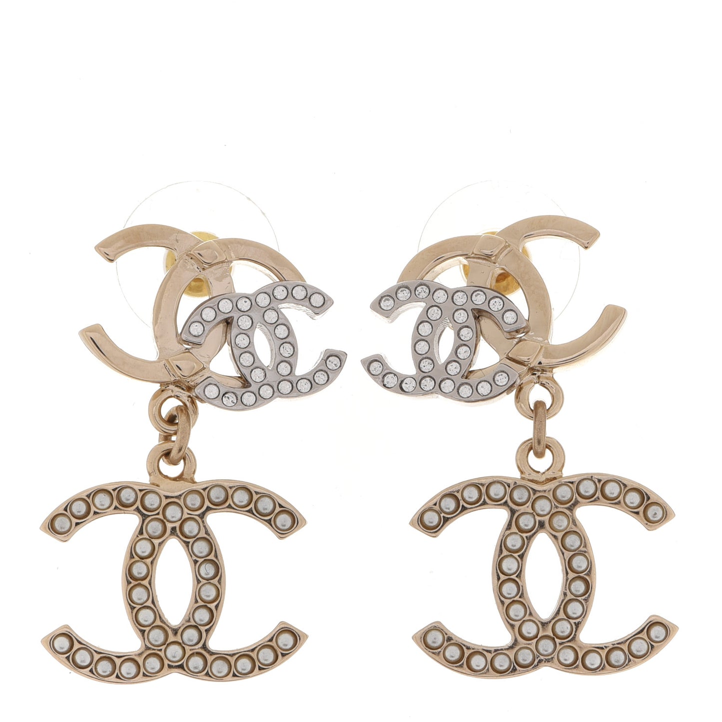 Crystal Pearl Double CC Drop Earrings Gold Silver